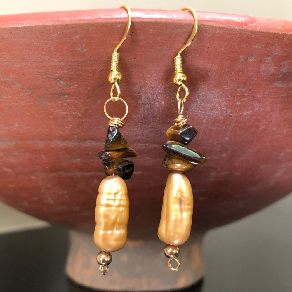 Hand Crafted Gold Baroque Pearl & Tiger's Eye Chip Drop Earrings
